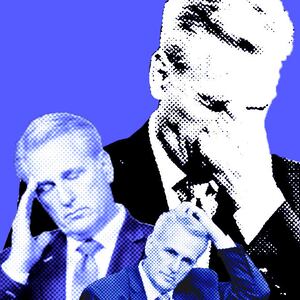 A photo illustration of three images of Kevin McCarthy in states of distress in black and blue.