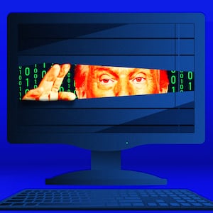 A photo illustration of Donald Trump snooping through a computer screen.