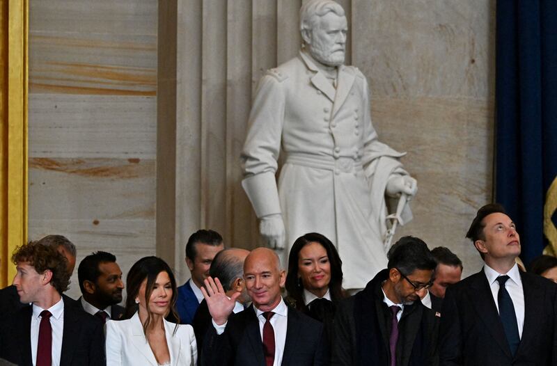 Meta CEO Mark Zuckerberg, Lauren Sanchez, founder of Amazon Jeff Bezos, Google CEO Sundar Pichai and Tesla CEO Elon Musk attend the inauguration day of U.S. President-elect Donald Trump's second Presidential term in Washington, U.S. January 20, 2025.   Ricky Carioti/Pool via REUTERS