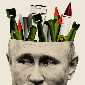 Photo illustration of Vladimir Putin with bombs coming out of his head