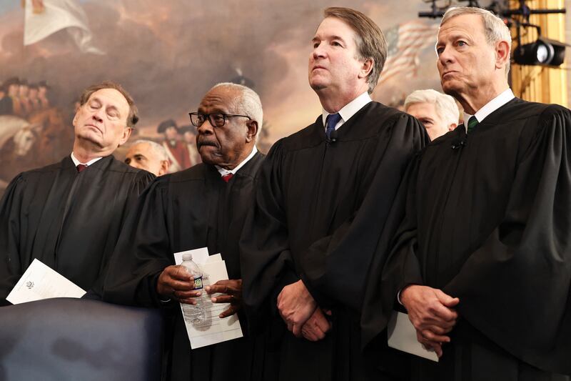 Supreme Court Justices Samuel Alito, Clarence Thomas. Brett Kavanaugh and U.S. Supreme Court Chief Justice John Roberts look on during inauguration ceremonies in the U.S. Capitol on January 20, 2025 in Washington, D.C.