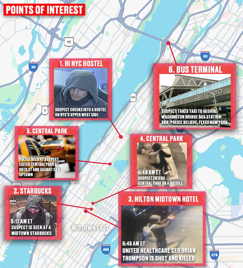 A map of the UnitedHealthcare CEO's alleged killer's movements before and after the shooting.