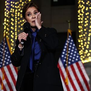 Arizona Republican U.S. Senate candidate Kari Lake speaks at her Election Eve Rally outside the Yavapai County Courthouse on November 4, 2024 in Prescott, Arizona. Lake is running against Arizona Democratic Senate candidate U.S. Rep. Ruben Gallego (D-AZ).
