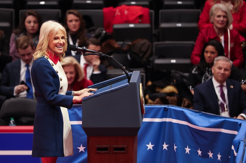 Trump advisor Kellyanne Conway speaks following the inauguration of U.S. President Donald Trump at Capital One Arena on January 20, 2025 in Washington, DC.