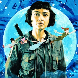 A photo illustration of Sydney Chandler as Wendy in Alien: Earth, and a scene from Peter Pan.