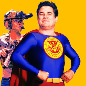 A photo illustration of Dean Cain as Superman with an ICE logo and Kristi Noem.