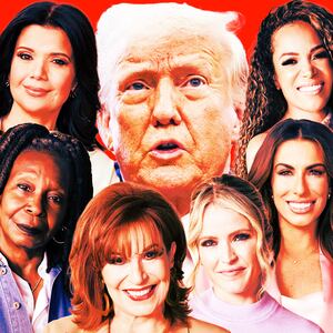 A photo illustration of Donald Trump, Whoopi, Joy Behar, Sunny Hostin, Ana Navarro, Alyssa Farah Griffin, and Sara Haines.
