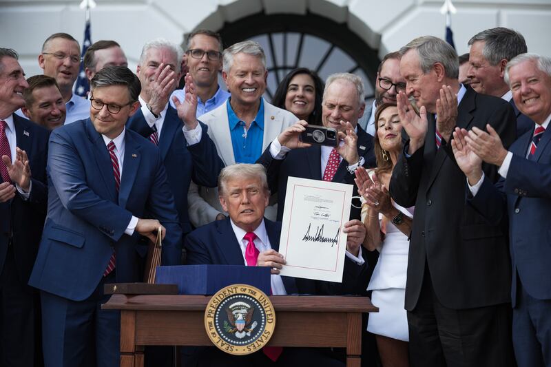 President Donald Trump signs the "Big Beautiful Bill" on the White House South Lawn on July 4, 2025 in Washington, D.C.