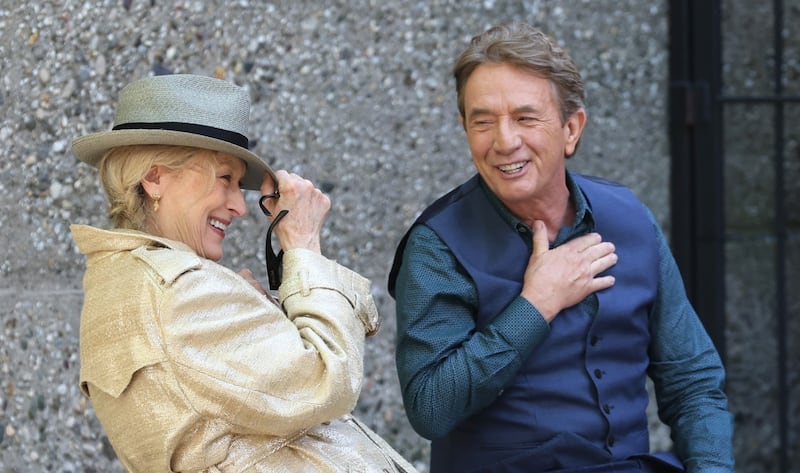 NEW YORK, NY - MAY 07: Meryl Streep and Martin Short are seen on the set of "Only Murders in the Building" on May 07, 2025 in the Queens borough of New York City.  (Photo by Jose Perez/Bauer-Griffin/GC Images)