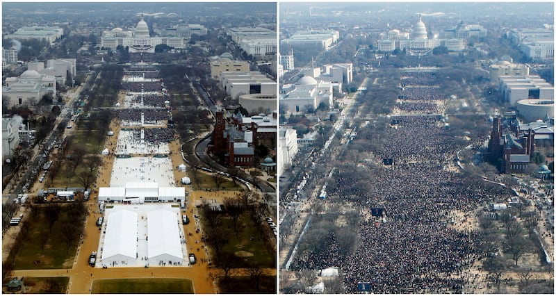 Aerial photos of the National Mall shows the crowds attending the inauguration ceremonies to swear in President Donald Trump in 2017, on the left, and President Barack Obama in 2009, on the right.