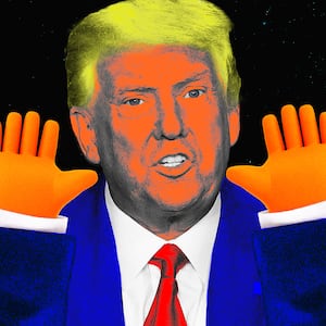 A photo illustration of Donald Trump holding up tiny hands.