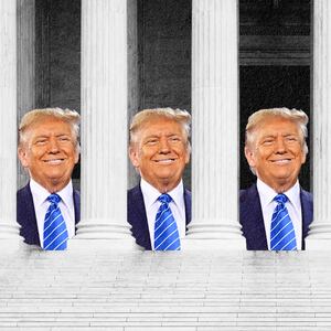 A photo illustration shows a smiling Donald Trump between the columns of the Supreme Court building