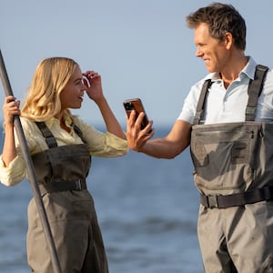 Milly Alcock as Simone, Kevin Bacon as Peter Kell in Sirens.