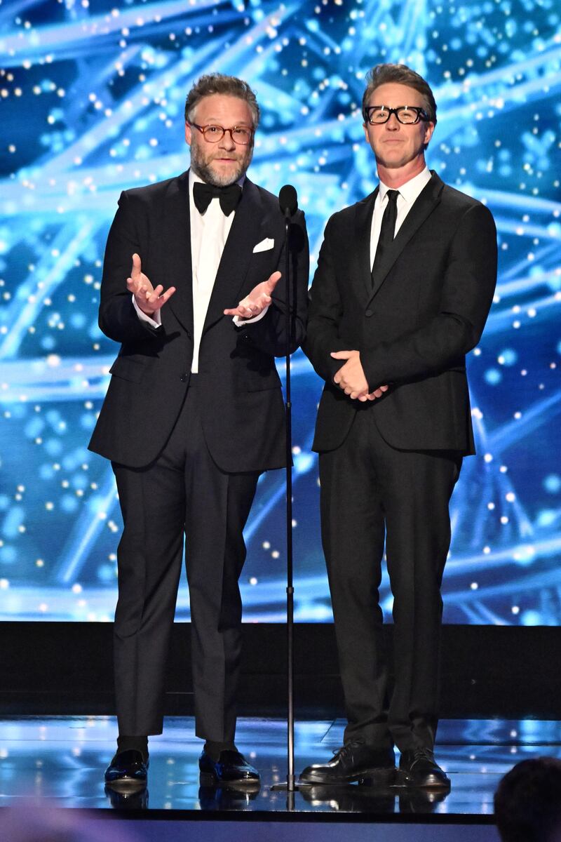(L-R) Seth Rogen and Edward Norton speak onstage during the 11th Breakthrough Prize Ceremony at Barker Hangar on April 05, 2025 in Santa Monica, California.