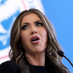 Homeland Security Secretary Kristi Noem delivers remarks to staff at the Department of Homeland Security headquarters on January 28, 2025 in Washington, DC.