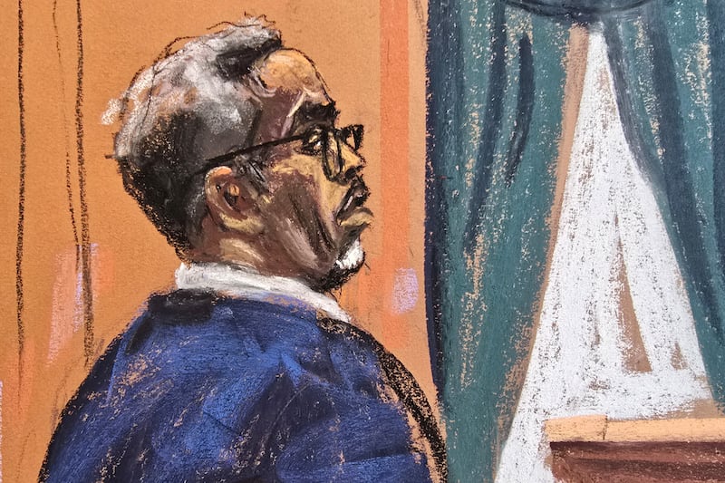 Sean "Diddy" Combs stands wearing glasses as jury selection got underway at the start of his sex trafficking trial in New York City, New York, U.S., May 5, 2025 in this courtroom sketch.