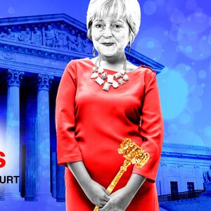  A photo illustration of a Martha-Ann Alito holding a glittering gavel with the phrase ‘The Real Spouses of the Supreme Court’ in front of her