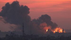 Explosion and smoke caused by Israeli raids seen on Oct. 11, 2023, in Gaza City, Gaza.