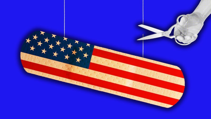 american bandage on strings being cut. photo illustration
