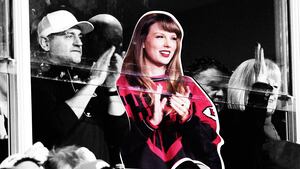 A photo illustration showing Taylor Swift wearing a vintage Kansas City Chiefs jacket while watching a Chief's game.