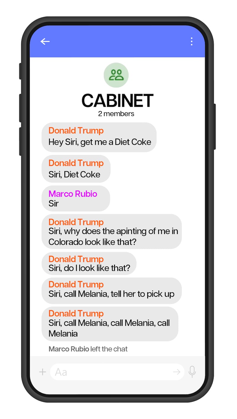 Parody recreated Signal text messages between Trump's cabinet and administration.