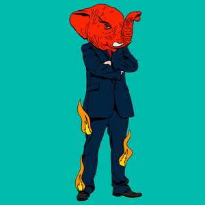 Illustration of a man in a suit with an elephant head and pants on fire