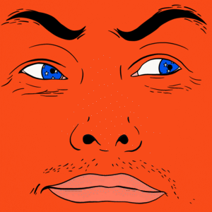 Drawing of a red face of Elon Musk with evil eyebrows and blue starred eyes darting back and forth