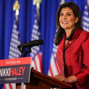 Nikki Haley speaks on stage at her watch party during the South Carolina Republican presidential primary election in Charleston, South Carolina