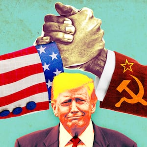 A photo illustration of President Donald Trump, and two arms grasping fists wearing a USA and USSR Soviet flag sleeve.