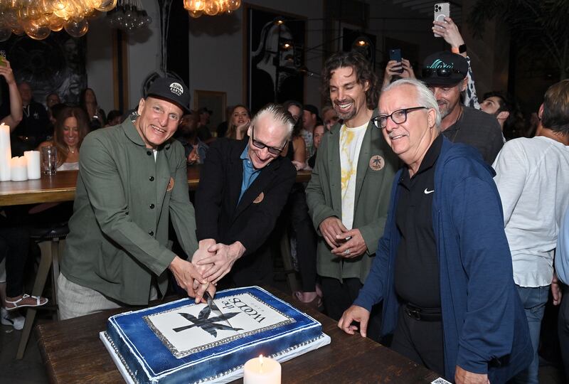 Woody Harrelson, Bill Maher, Devon Wheeler, and Jay Handal attend The Woods' opening day on May 13, 2022 in West Hollywood, California.