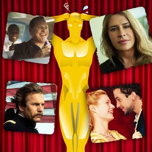 A photo illustration of an Oscar Award, Emilia Perez, Green Book, Dances with Wolves, Gangs of New York, Shakespeare in Love, and Color Purple.