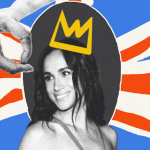 Photo illustrated gif of Meghan Markle inside a Union Jack with a crown being flicked off her head