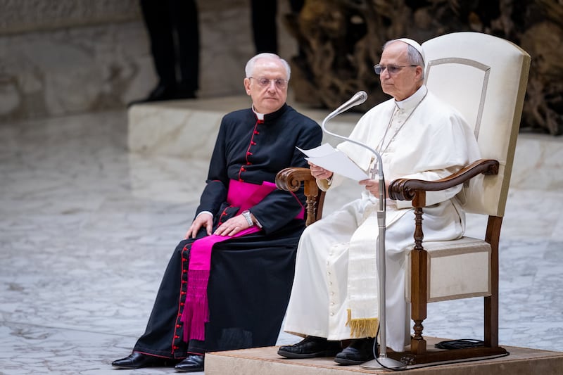 Pope Leo XIV delivers a speech during a meeting with members of the international media on May 12, 2025.