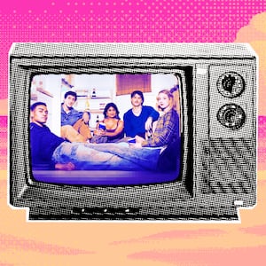 A photo illustration of the Adults FX cast inside a TV set.