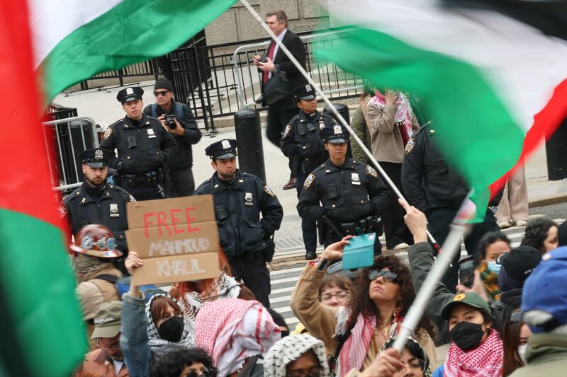 People gather to protest the arrest and detention of Mahmoud Khalil at Foley Square on March 12, 2025 in New York City.