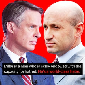A photo illustration of ABC senior national correspondent Terry Moran, Stephen Miller, and an excerpt of an X/Tweet sent by Moran.