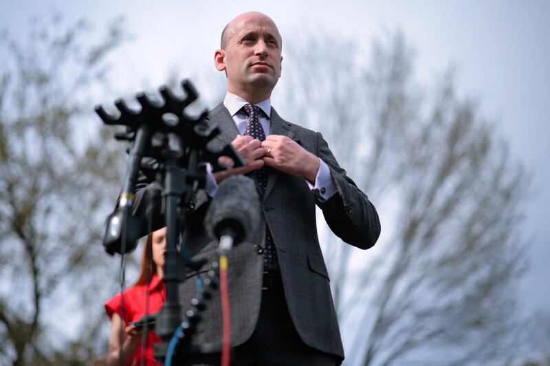 White House Deputy Chief of Staff Stephen Miller talks to reporters outside the West Wing on March 19, 2025 in Washington, DC.