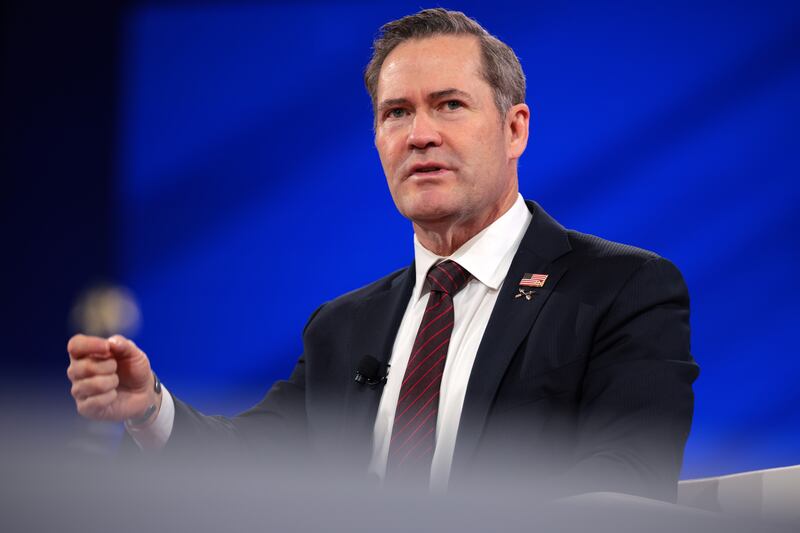 OXON HILL, MARYLAND - FEBRUARY 21: National Security Advisor Michael Waltz participates in an interview with political commentator Mercedes Schlapp at the Conservative Political Action Conference (CPAC) at the Gaylord National Resort Hotel And Convention Center on February 21, 2025 in Oxon Hill, Maryland. The annual four-day gathering brings together conservative U.S. lawmakers, international leaders, media personalities and businessmen to discuss and champion conservative ideas.  (Photo by Kayla Bartkowski/Getty Images)