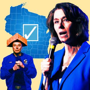 A photo illustration of Elon Musk and Susan Crawford and a map of Wisconsin.