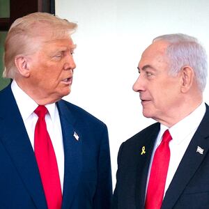 President Donald Trump greets Israeli Prime Minister Benjamin Netanyahu as he arrives at the White House on April 07, 2025 in Washington, D.C.