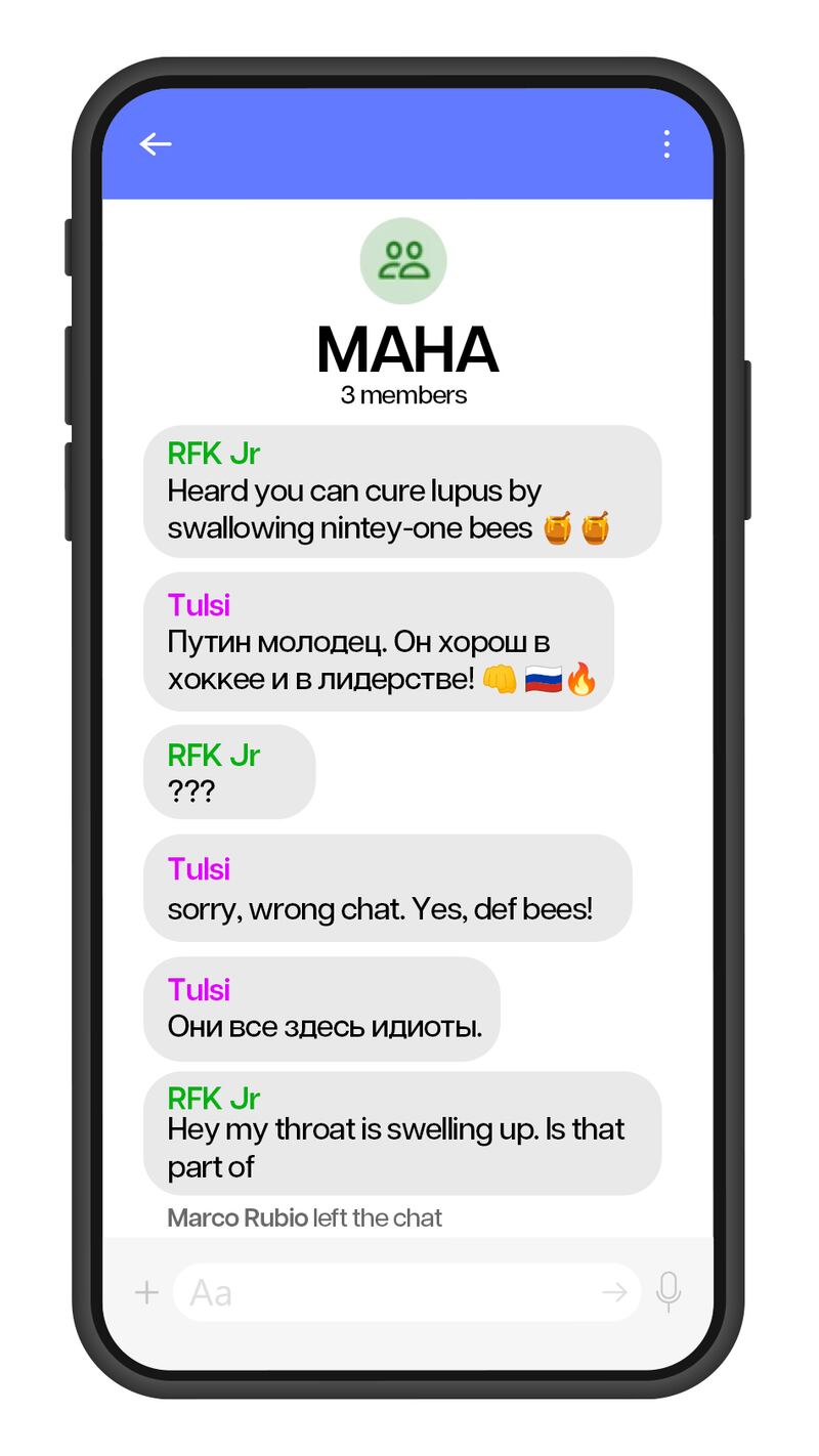 Parody recreated Signal text messages between Trump's cabinet and administration.