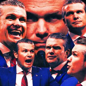 A photo illustration of Pete Hegseth's senate hearing for Secretary of Defense.
