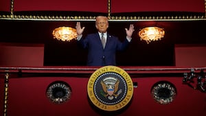 President Donald Trump looks down from the Presidential Box in the Opera House at the John F. Kennedy Center for the Performing Arts