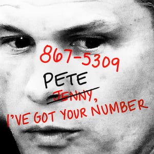 Black and white photo of Pete Hegseth with the lyrics from the Tommy Tutone lyrics, "867-5309, Jenny, I've got your number" with "Jenny" crossed out and replaced by "Pete"