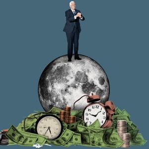 illustration of mike pence standing on a moon with clock and cash at its base china change chang e lunar mission nasa space force