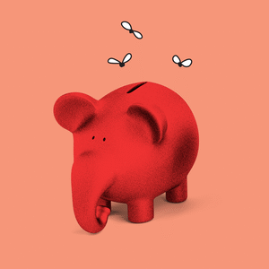 A photo illustration of a red piggy bank in the shape of an elephant with flies buzzing around it