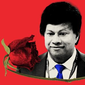 Photo illustration of Shri Thanedar atop a wilted red rose on a red background.