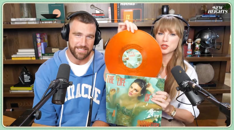 Taylor Swift and Travis Kelce on New Heights.