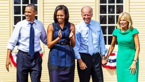 Left to right, President Barack Obama, First Lady Michelle Obama, Vice President Joe Biden, and his wife, Jill Biden, walked on stage during The Grassroots Event, held at the Strawbery Banke Museum in Portsmouth, N.H.