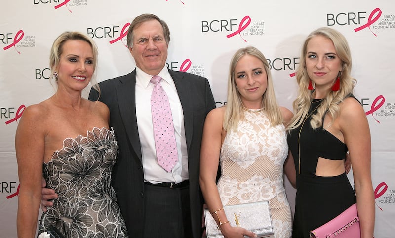 BOSTON, MA - MAY 14:  (L-R) Linda Holliday, Bill Belichick, Ashley Hess and Katie Hess attend the Breast Cancer Research Foundation's Boston Hot Pink Party 2015 at the Seaport World Trade Center on May 14, 2015 in Boston, Massachusetts.(Photo by Gail Oskin/Getty Images for Breast Cancer Research Foundation)